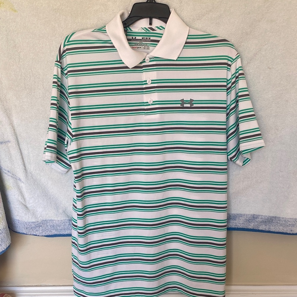Under Armour Men's White and Green Striped Polo